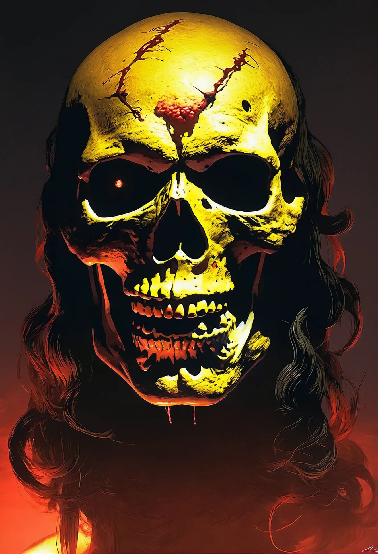 pulp horror, scary, severed head,skull with glowing eyes<lora:EnvyPulpHorrorXL01:1:1:lbw=ALL>