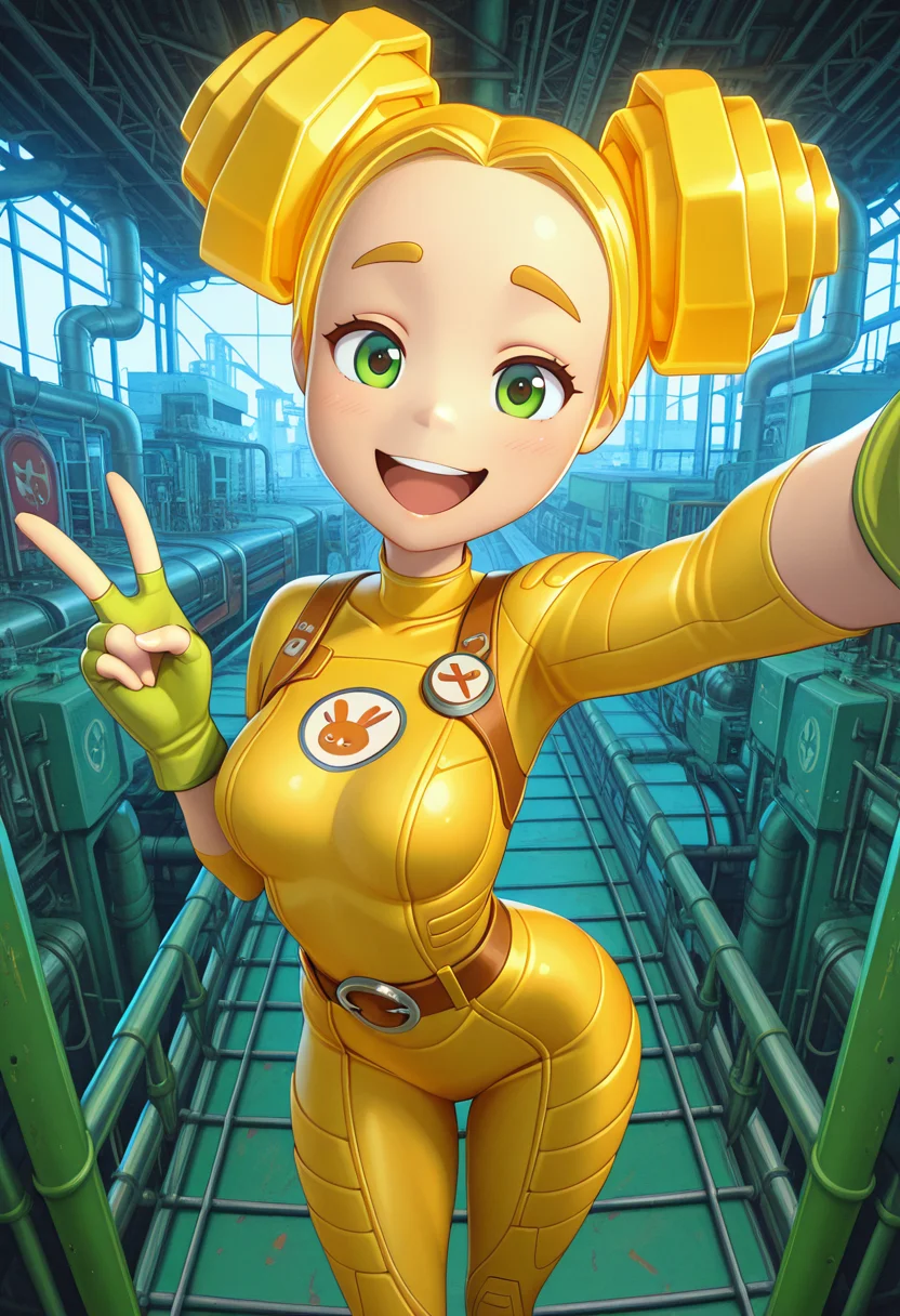 Graphic Design, color art, vibrant colors, colorful, intricate details, high contrast, detailed background, beautiful detailed, beautiful face, detailed eyes, detailed face, new, 1girl, solo, shpulya, yellow hair, double bun, green eyes, gloves, fingerless gloves, bodysuit, yellow bodysuit, belt, selfie, v sign, happy, smile, open mouth, looking at viewer, perspective, factory, (masterpiece, best quality, newest, recent, absurdres),