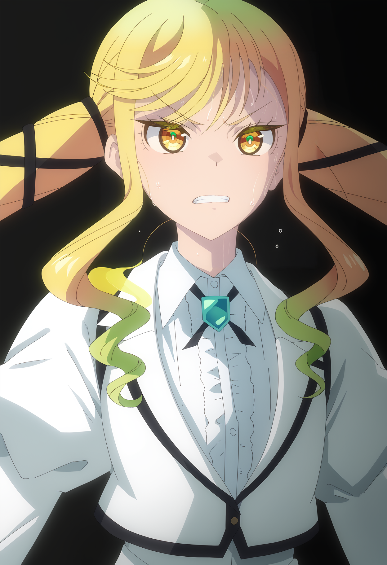<lora:Suzunomiya_Ririsa-pony:1>,
Suzunomiya Ririsa,solo,ribbon,sidelocks,hair ribbon,shirt,upper body,black ribbon,jacket,white shirt,collared shirt,white jacket,sweat,puffy sleeves,parted lips,simple background,clenched teeth,black background,portrait,teeth,v-shaped eyebrows,
