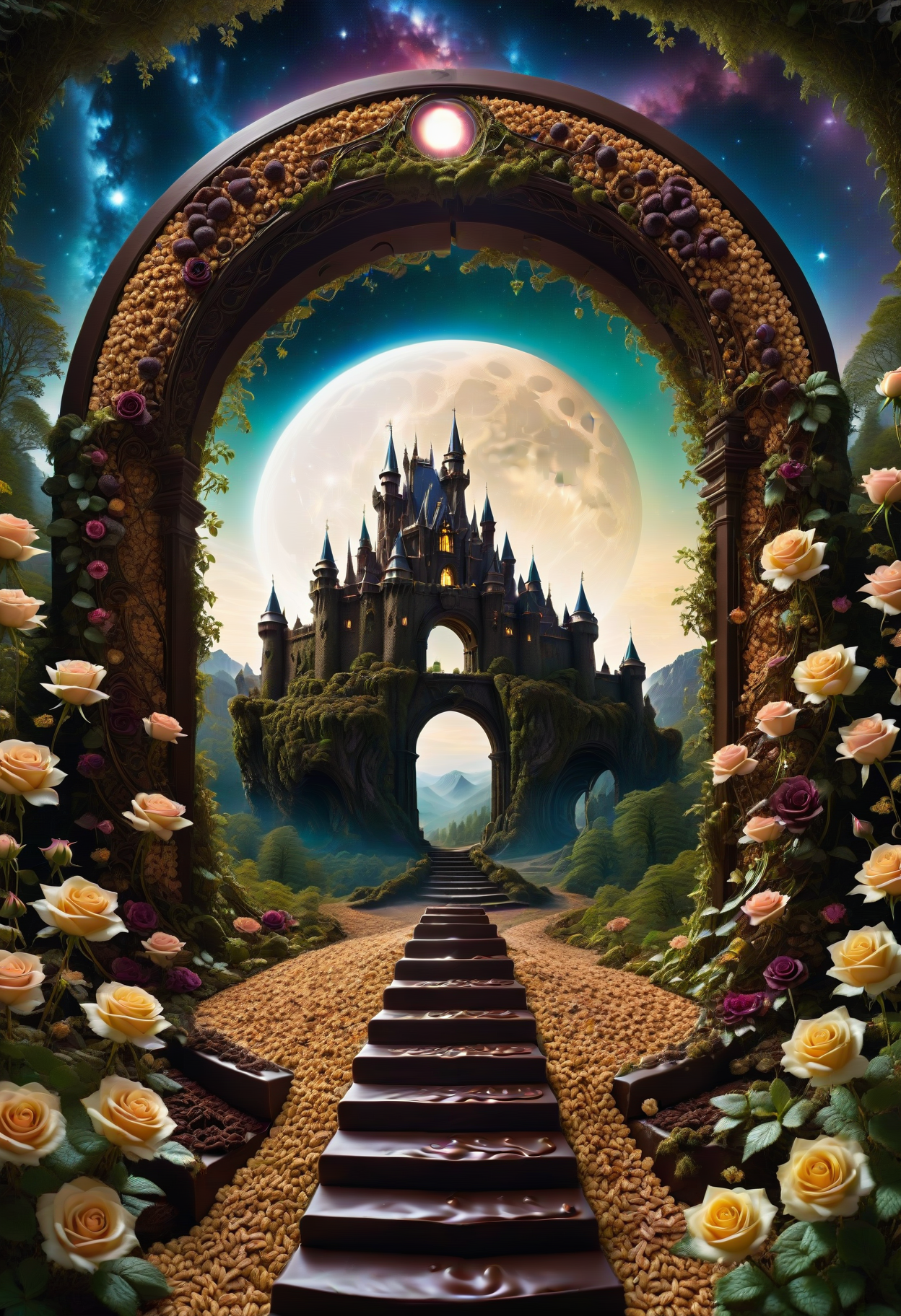silhouette of A magical archway decorated with chocolate roses and cereals that acts as a portal into a magical world, magical nightsky full of stars and the moon reflects light on the chocolate gate, the magical world can be seen through the portal with depth of field, the area around the portal is a dark forest covered in moss, with a huge castle in the background, amazing depth, double exposure, mystical cosmos, mythical atmosphere,surreal, pattern, geometric patterns, intricately detailed, perfectly balanced, deep fine edges, artistic photorealism,photorealism, vivid colors,, 8K, UHD, many details, extreme detailed, full of details ,Jed-ChocoC   ,chocolate, cereals  <lora:ChocoCerealStyle:0.4>
 <lora:SDXLFaeTastic2400:0.8>