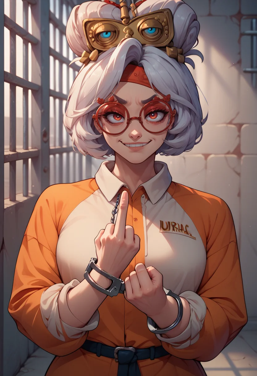 score_9, score_8_up, score_7_up, <lora:HandcuffsV2:1>, handcuffs, cuffs, <lora:purah-pdxl-nvwls-v1:0.9>, purah, hair ornament, red headband, red glasses, prison clothes, prison cell, prison, upper body, smirk, middle finger,