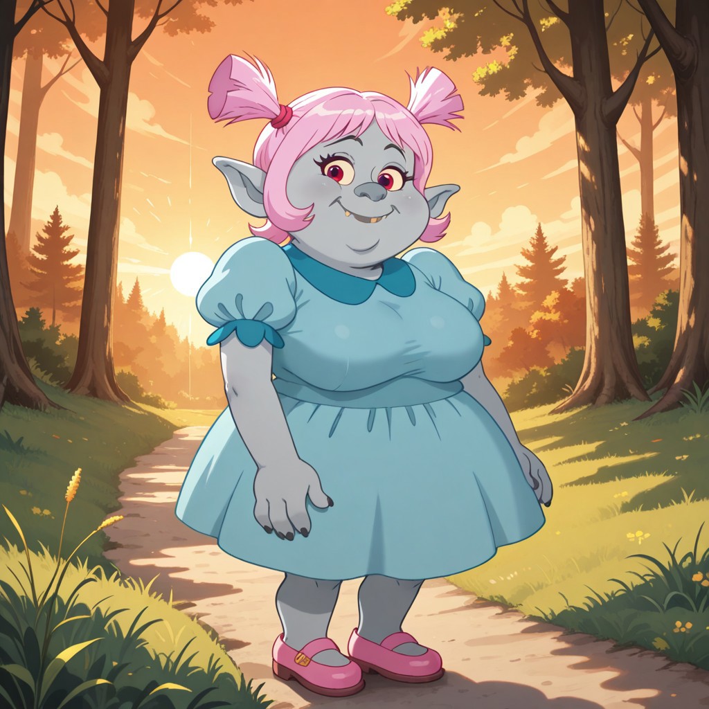 score_9, score_8, BREAK, solo, Bridget, 1girl, solo, gray skin, large pointed ears, pink hair, pigtails, blue dress, puffed sleeves, pink shoes, tall, adult female, mature female, big breasts, sexy pose, self portrait, smile, looking at viewer, outdoors, sunlight, shadows, evening lighting, natural lighting, forest, trees, grass, orange sky, sunset