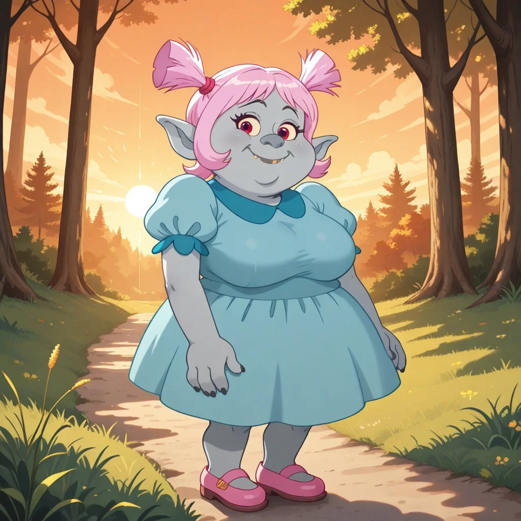 score_9, score_8, BREAK, solo, Bridget, 1girl, solo, gray skin, large pointed ears, pink hair, pigtails, blue dress, puffed sleeves, pink shoes, tall, adult female, mature female, big breasts, sexy pose, self portrait, smile, looking at viewer, outdoors, sunlight, shadows, evening lighting, natural lighting, forest, trees, grass, orange sky, sunset