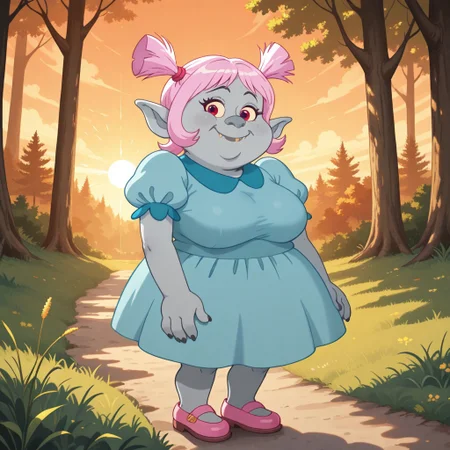 score_9, score_8, BREAK, solo, Bridget, 1girl, solo, gray skin, large pointed ears, pink hair, pigtails, blue dress, puffed sleeves, pink shoes, tall, adult female, mature female, big breasts, sexy pose, self portrait, smile, looking at viewer, outdoors, sunlight, shadows, evening lighting, natural lighting, forest, trees, grass, orange sky, sunset