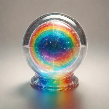 ral-czmcrnbw, a rainbow marble ball on a glass table,