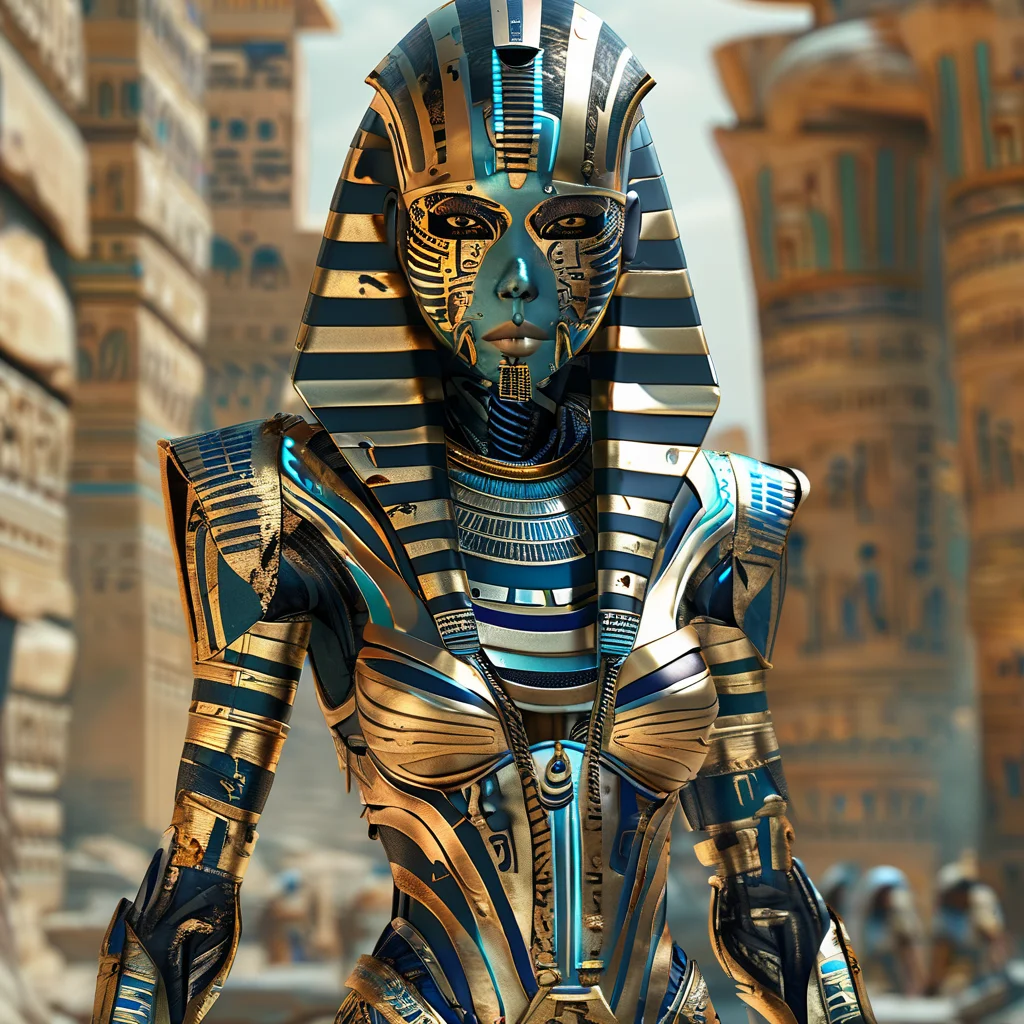 pharaotech cyborgs on the streets of ancient city<lora:pharaotech:1>