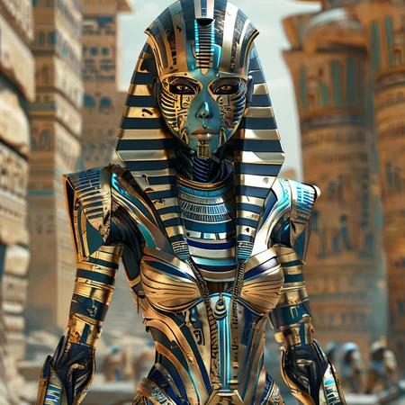 pharaotech cyborgs on the streets of ancient city<lora:pharaotech:1>