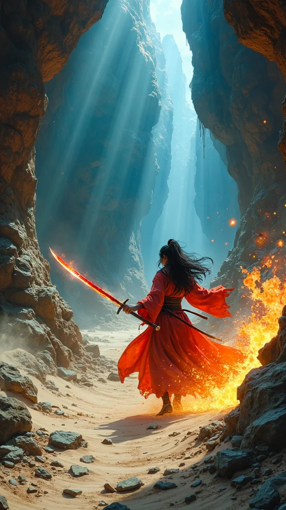 Epic fantasy hyperdetailed colored ink art. A vast cavern is infested with a crowd of hyperaggressive berserking orcs and giant ogres, trolls, and stone golems. The horde approaches a valiant beautiful lone warrioress in an otherwise gorgeous cavern. The scene focuses on a close-up of the back of a youthful heroine twirling with her glowing katana outstretched. She is surrounded by swirling sands and levitating stones from her elemental enchantations. Her explosive magic violently repels the beasts. A Shaft of diffuse light hits her, adding to a strong top lighting effect. Her bright reddish-orange robes catch the light, contrasting with the blue and earthen tones of the scene. Chiaroscuro oil painting by Caravaggio. Vivid complementary colors. Hypermaximalism.
