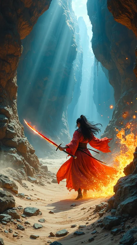 Epic fantasy hyperdetailed colored ink art. A vast cavern is infested with a crowd of hyperaggressive berserking orcs and giant ogres, trolls, and stone golems. The horde approaches a valiant beautiful lone warrioress in an otherwise gorgeous cavern. The scene focuses on a close-up of the back of a youthful heroine twirling with her glowing katana outstretched. She is surrounded by swirling sands and levitating stones from her elemental enchantations. Her explosive magic violently repels the beasts. A Shaft of diffuse light hits her, adding to a strong top lighting effect. Her bright reddish-orange robes catch the light, contrasting with the blue and earthen tones of the scene. Chiaroscuro oil painting by Caravaggio. Vivid complementary colors. Hypermaximalism.