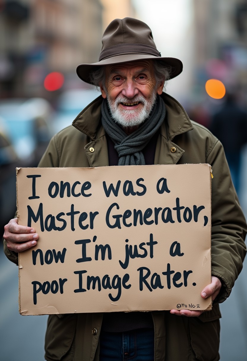 A homeless old man holding a sign that says "I once was a Master Generator, now I'm just a poor Image Rater"