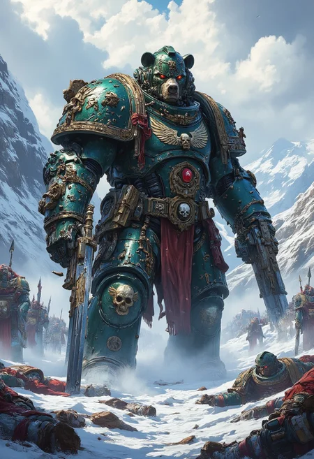 ((Dark fantasy art))
The image depicts a massive, humanoid bear standing in a snowy battlefield. The bear is dressed in dark fantasy armor and adorned with skulls, chains, and furs. Its imposing size and fierce expression suggest a dominant warrior. Surrounding the bear are fallen soldiers and debris, giving the impression of a fierce battle. Snow-covered mountains and a cold, stormy sky form the background, enhancing the dark, brutal atmosphere of the scene.
