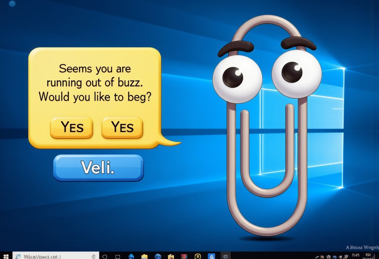clippy looking at viewer, next to clippy is a yellow rectangle speech bubble with 'Seems you are running out of buzz. Would you like to beg?" and there are two yes buttons. the background is a windows desktop.
