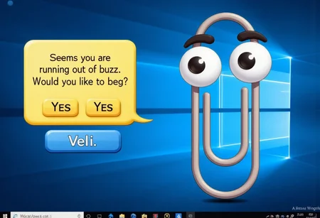 clippy looking at viewer, next to clippy is a yellow rectangle speech bubble with 'Seems you are running out of buzz. Would you like to beg?" and there are two yes buttons. the background is a windows desktop.