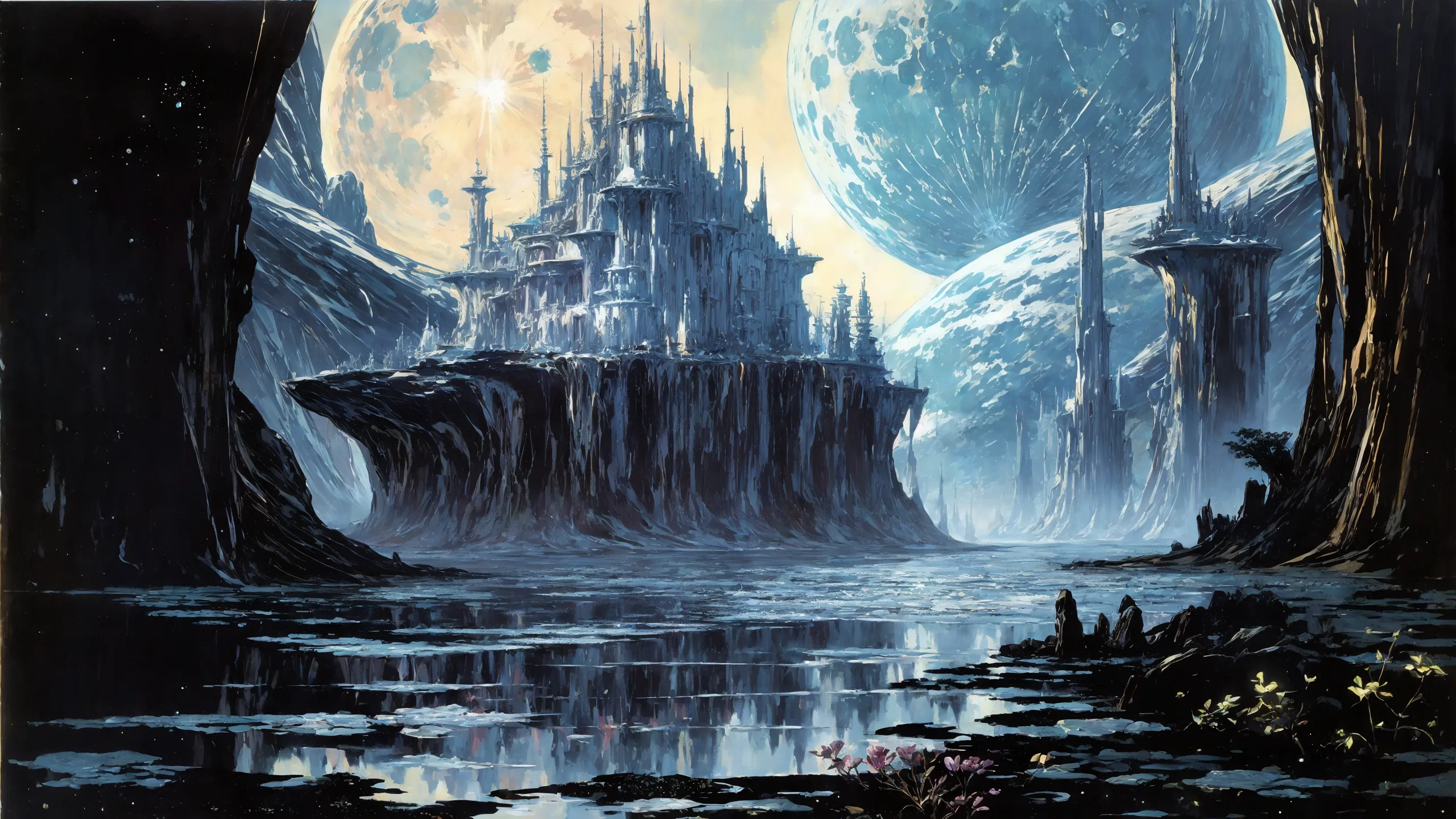 (oil painting:1.3), (beautiful space fantasy scifi futuristic landscape:0.9), (very detailed:1.2), (best quality:1.2), sharp focus, (space planet:0.9), full moon, (big rocks:0.9), (water ripples) reflections, spatial futuristic castle, (small river pond:0.8), space forest, (space village:1.2), (stunning nature aquatic environment:0.8), space ship, (unknown exotic land:0.9), nice (alien civilization):0.8, bright (sunny sky), high contrast, cinematic lights, backlight, shadows, (lens flare:0.4), (vibrant colors, colorful):0.7, (Pastel Gray flowers:0.9) and leaves, <lora:Detail Tweaker LoRA add_detail:0.8><lora:depth_of_field_slider_v1:5>  <lora:SDXLrender_v2.0:0.9> <lora:1970RetroFuturism:0.3> 1970retrofuturism