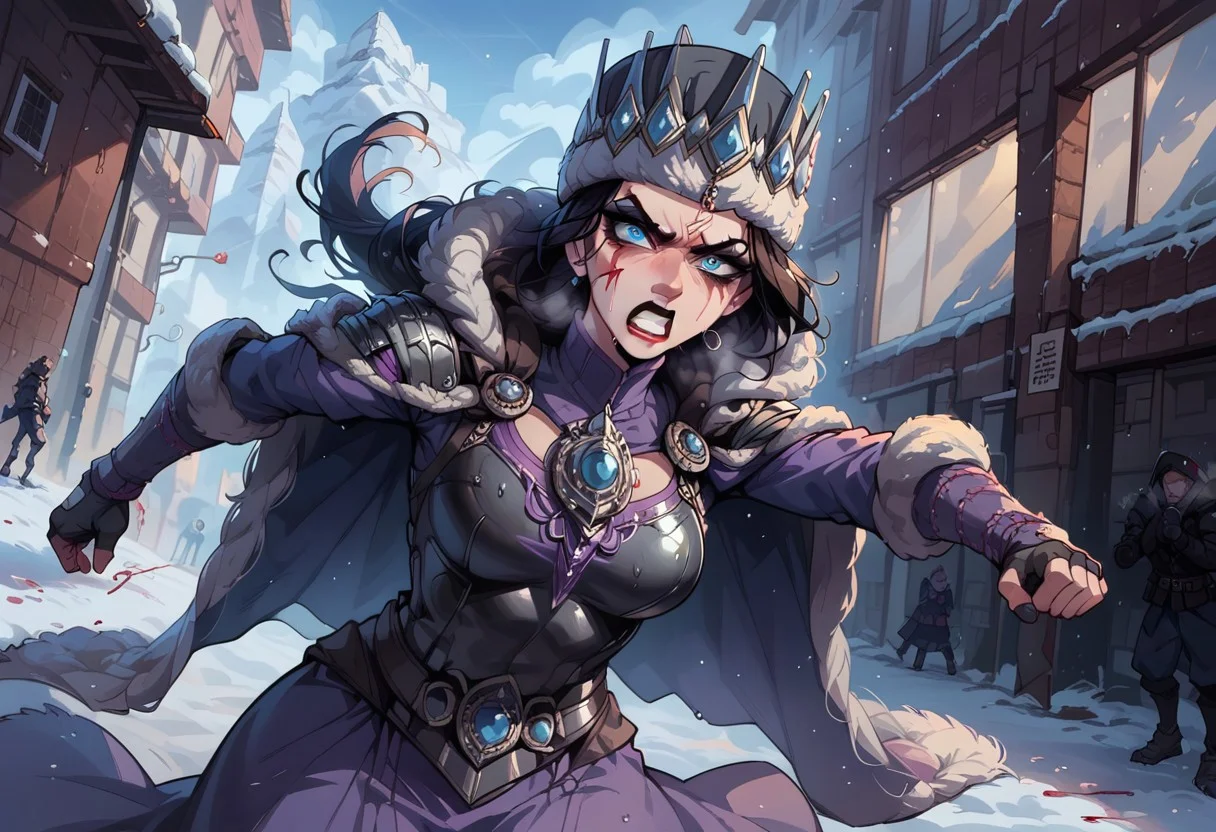 score_9, score_8_up, score_8, cinematic lighting, g0thicPXL, , cinematic lighting, glowing,, black eyeshadow, , (breathing), (sweating), russian back alley, winter, snow, rough, , black lipstick,, anime, , makeup,armor, blood on face, blood on armor, fighting, angry, fur trim dress, fur cloak, crown, katarinkis, headpiece
source_anime, expressive, anime, cartoon, dynamic, , expressiveh,