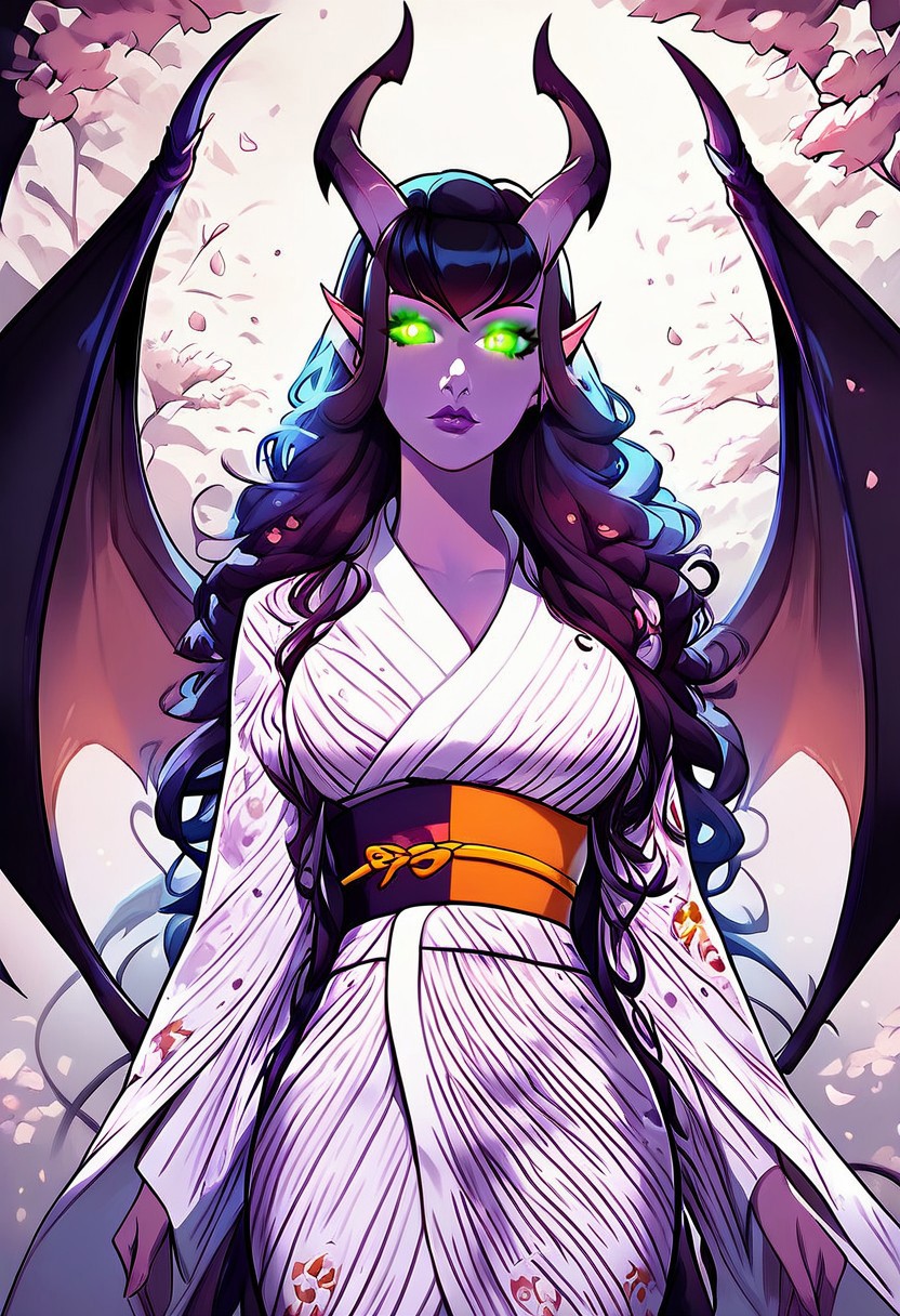score_9, score_8_up, score_7_up, smooth style, 1girl, beautiful, purple tiefling, large breasts, large demon wings, perfect face, perfect eyes, sexy, beautiful eyes, perfect cute face, cute nose, Nose bridge, masterpiece, best quality, godrays, green pupils, glowing, glowing eyes, extra detailed, high res, long sleeves, orange obi, orange trim, print kimono, red yukata, white trim, wide sleeves, yukata, japanese architecture, cherry blossoms,