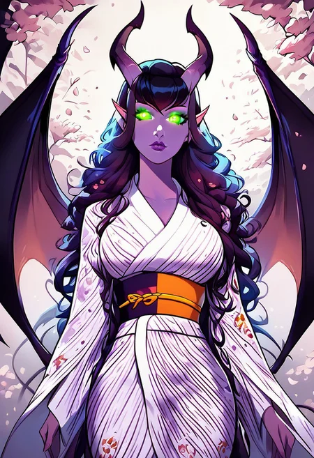 score_9, score_8_up, score_7_up, smooth style, 1girl, beautiful, purple tiefling, large breasts, large demon wings, perfect face, perfect eyes, sexy, beautiful eyes, perfect cute face, cute nose, Nose bridge, masterpiece, best quality, godrays, green pupils, glowing, glowing eyes, extra detailed, high res, long sleeves, orange obi, orange trim, print kimono, red yukata, white trim, wide sleeves, yukata, japanese architecture, cherry blossoms,