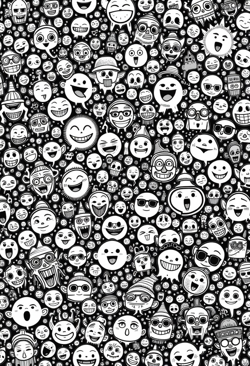 A densely packed, hand-drawn black-and-white doodle artwork featuring playful cartoon characters, abstract shapes, funny faces, and random symbols. Graffiti-inspired drawing style with bold black outlines, chaotic yet harmonious composition. Highly detailed with many overlapping elements.