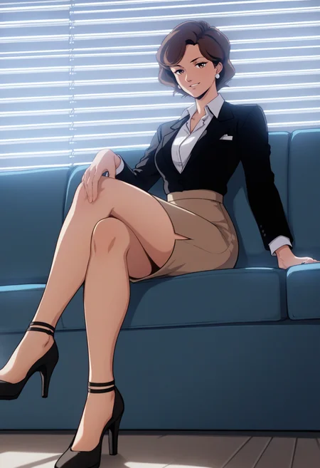 score_9, score_8_up, score_7_up, score_6_up, <lora:G0080T:0.8>, G0080T, 1girl, solo, brown eyes, brown hair, short hair, earrings,
black jacket, formal, suit, collared shirt, white shirt, brown skirt,
looking at viewer, sitting, crossed legs, black high heels, seductive smile, from below, 
BREAK blue sky, sunlight, indoors, window, window blinds, couch,