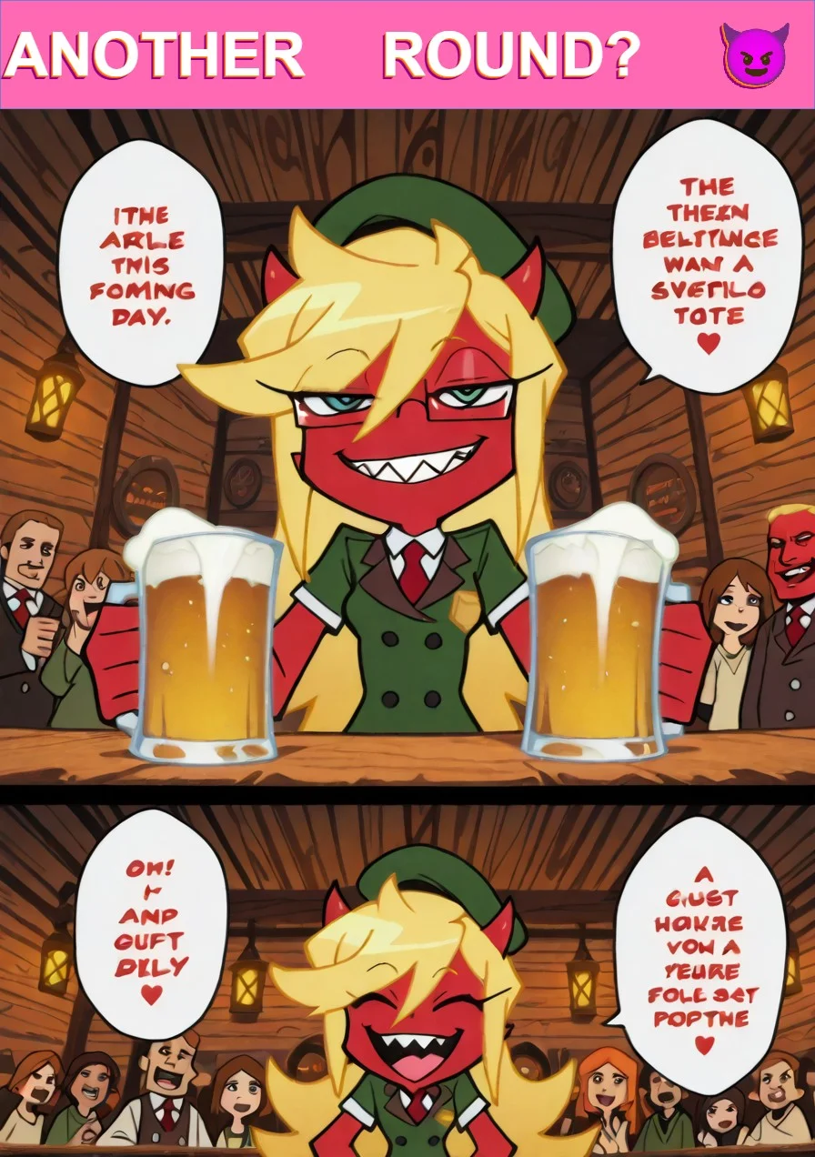 highres, best quality, masterpiece, masterpiece, cinematic lighting,
\(comic:1.25\), \(Multi view, Frame, Text, speech bubble, focus line, vibrating line, motion blur, comic expression, Sound effect\),
Irish pub, warm lighting, wooden counter, neon beer signs, St. Patrickâs Day celebration,
1girl, petite, green dress, festive hat, flushed cheeks, clinking beer mugs, laughter, happy,
Panel 1: Crowded pub, people laughing, beer splashing as mugs clink.
Panel 2: Irish girl looking around, amused, holding a large frothy beer.
Panel 3: The bartender sliding a huge beer across the counter, foam dripping.
Panel 4: Close-up of golden beer, bubbles rising, warm glow.
Panel 5: A man and woman locking eyes, holding their drinks, smiling.
\(volumetric lighting, cinematic depth, pub ambiance, golden glow, warm colors\),
embedding:safe pos, p4st3lg0r3, Kneesocks PSG, 17 years old female, teen, Bright turquoise hair in twin pigtails, Red skin, Demon horns, Rectangular glasses, Black and white uniform with a red tie, Knee-high socks, Sharp teeth, Slender build, kneesocks daemon