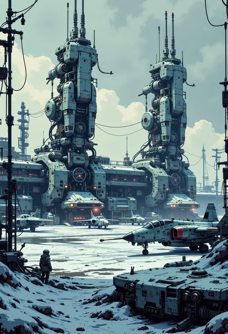 in the style of ck-mgs, A digital artwork in the style of cknc, a_skynet_cyberdyne_craft, the image is featuring two enormous plasma gun turrets with long barrels overlooking a futuristic, highly advanced sci-fi air base, with several military buildings. Fighter planes and bombers in winter camouflage of grey and white paint are parked on the airfield, winter, snow on the ground, stormy sky, directional weak sunlight, dutch angle