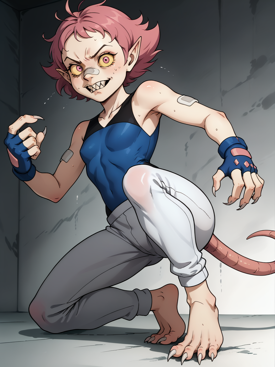core_9, score_8_up, score_7_up,  high quality, <lora:100_ratrot_pdxl:1> 1girl, solo, ratrot,  sharp nails,hairy, yellow sclera, baring teeth, rr_nose, rr_pointed_ears, bad skin, rr_teeth, rr_tail, rat tail, warty, wild, mean, heavy brow, wrinkled nose, hunched over, messy hair, savage, small eyes, hissing,    <lora:maylene:0.8> 1girl, maylene (pokemon), pink eyes, pink hair, small breasts, short hair, eyelashes, pointy hair, white pants, blue gloves, bandaid on nose, bandaid, bandaid on arm, bodysuit, fingerless gloves, barefoot, spandex, sleeveless