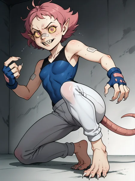 core_9, score_8_up, score_7_up,  high quality, <lora:100_ratrot_pdxl:1> 1girl, solo, ratrot,  sharp nails,hairy, yellow sclera, baring teeth, rr_nose, rr_pointed_ears, bad skin, rr_teeth, rr_tail, rat tail, warty, wild, mean, heavy brow, wrinkled nose, hunched over, messy hair, savage, small eyes, hissing,    <lora:maylene:0.8> 1girl, maylene (pokemon), pink eyes, pink hair, small breasts, short hair, eyelashes, pointy hair, white pants, blue gloves, bandaid on nose, bandaid, bandaid on arm, bodysuit, fingerless gloves, barefoot, spandex, sleeveless
