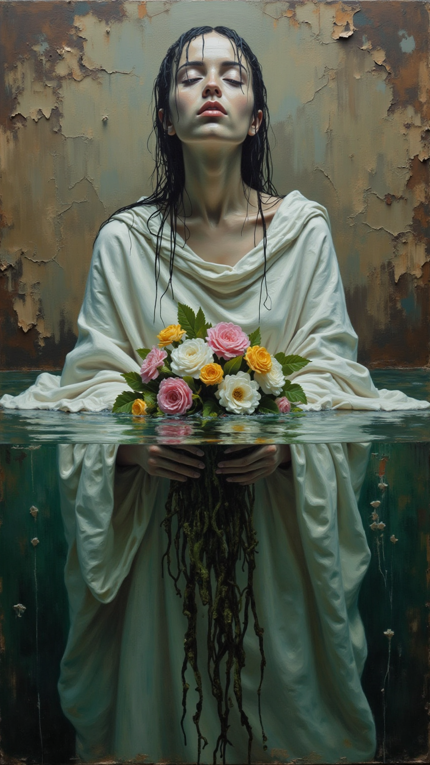 This is an artheon style painting that merges the surreal with the abstract. The scene depicts a woman dressed in a loose, flowing white shroud. She is submerged in water. Only her head is above the water surface. Her skin is a pale, almost translucent white, with dark, wet hair that cascades down her back. The woman appears to be in a state of deep contemplation, her eyes closed and her face expressionless. Under her chin an intricate, colorful bouquet of flowers is floating. The flowers include vibrant pink, yellow, and white blossoms with green leaves, adding a striking contrast to her pale skin. Long, dark green tendrils of seaweed-like material also descend underwater from the flowers, giving a sense of movement and fluidity. The background is a muted, earthy brown, with visible cracks and peeling paint, suggesting an aged, weathered surface. The water around the woman is a deep, rich green, with subtle reflections and ripples that enhance the sense of depth and immersion. The overall composition is balanced and harmonious, blending the serene, almost ethereal quality of the woman with the rugged, textured background.