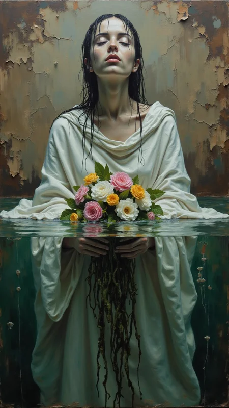 This is an artheon style painting that merges the surreal with the abstract. The scene depicts a woman dressed in a loose, flowing white shroud. She is submerged in water. Only her head is above the water surface. Her skin is a pale, almost translucent white, with dark, wet hair that cascades down her back. The woman appears to be in a state of deep contemplation, her eyes closed and her face expressionless. Under her chin an intricate, colorful bouquet of flowers is floating. The flowers include vibrant pink, yellow, and white blossoms with green leaves, adding a striking contrast to her pale skin. Long, dark green tendrils of seaweed-like material also descend underwater from the flowers, giving a sense of movement and fluidity. The background is a muted, earthy brown, with visible cracks and peeling paint, suggesting an aged, weathered surface. The water around the woman is a deep, rich green, with subtle reflections and ripples that enhance the sense of depth and immersion. The overall composition is balanced and harmonious, blending the serene, almost ethereal quality of the woman with the rugged, textured background.