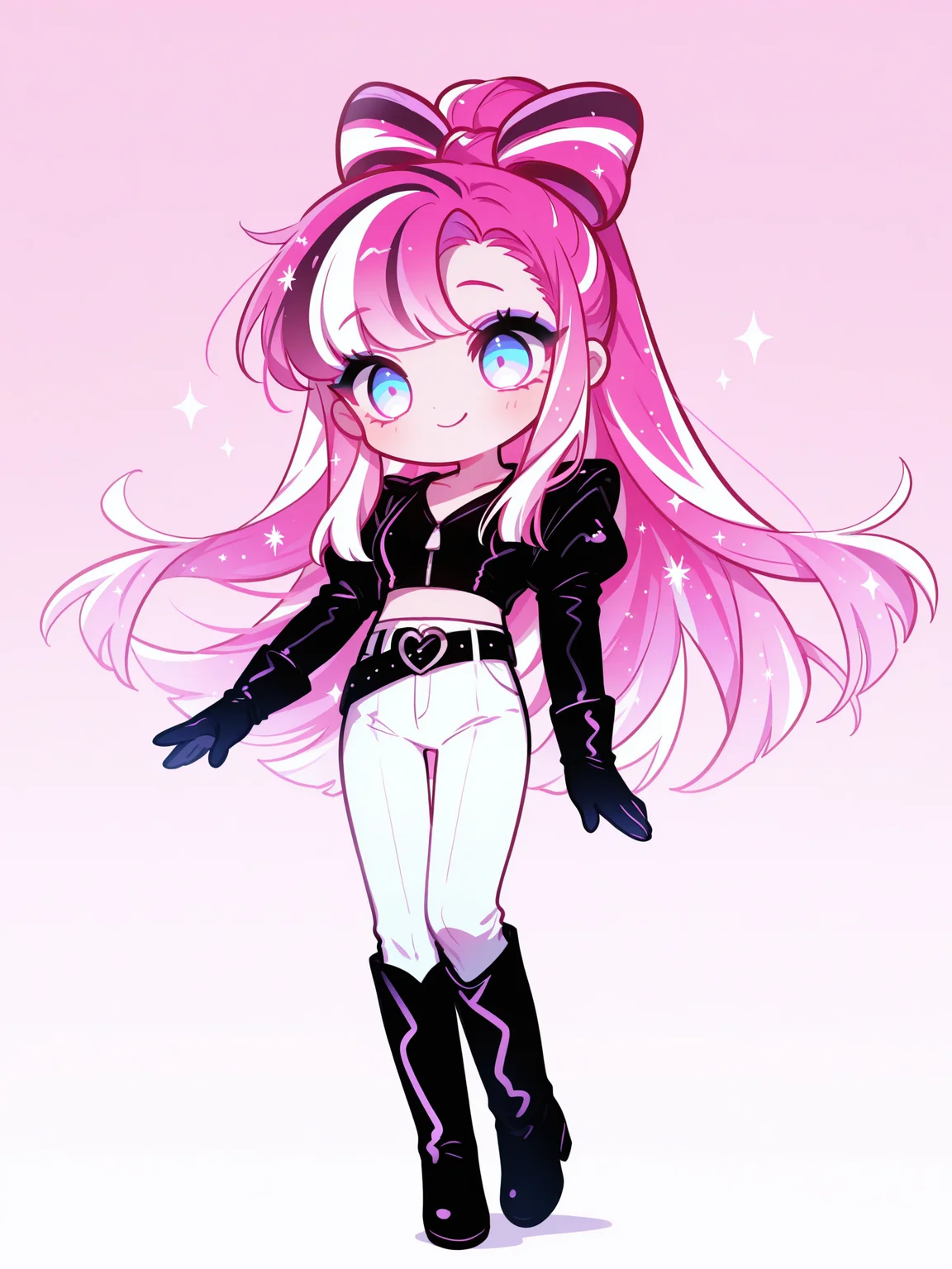 saru, mamimumemo, <lora:GlitterXL:1> SGCR, 1girl, long hair, multicolored hair, ponytail, bow-shaped hair, two-tone eyes, sparkling hair, eyeshadow, defoutfit, long sleeves, black gloves, black jacket, black knee boots, white pants, 
<lora:cfg_scale_boost:0.5> [lazypos], <lora:spo_sdxl_10ep_4k-data_lora_webui:0.4> <lora:retrocute:1>, <lora:omoyunakyu715-_style_Illustrious:0.3> omoyu_nakyu715, chibi, smile, simple background, gradient background, standing, full body, solo, 
masterpiece, best quality, amazing quality, very aesthetic, absurdres, newest, soft lighting