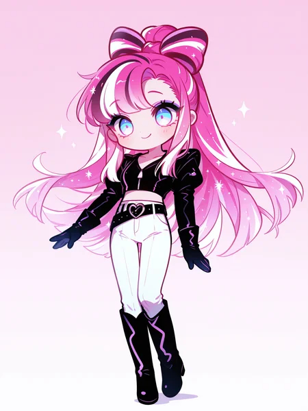 saru, mamimumemo, <lora:GlitterXL:1> SGCR, 1girl, long hair, multicolored hair, ponytail, bow-shaped hair, two-tone eyes, sparkling hair, eyeshadow, defoutfit, long sleeves, black gloves, black jacket, black knee boots, white pants, 
<lora:cfg_scale_boost:0.5> [lazypos], <lora:spo_sdxl_10ep_4k-data_lora_webui:0.4> <lora:retrocute:1>, <lora:omoyunakyu715-_style_Illustrious:0.3> omoyu_nakyu715, chibi, smile, simple background, gradient background, standing, full body, solo, 
masterpiece, best quality, amazing quality, very aesthetic, absurdres, newest, soft lighting