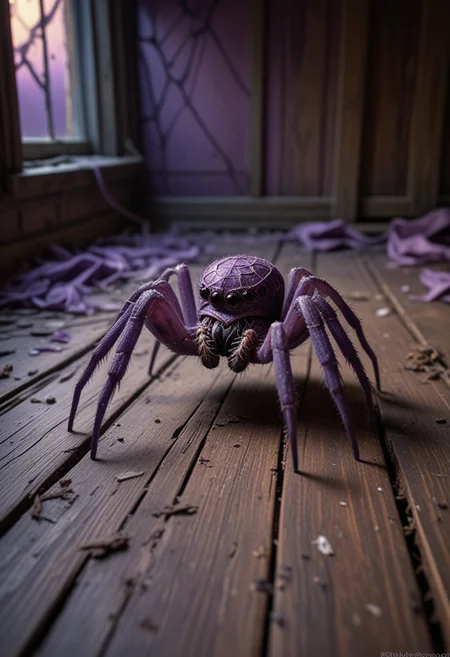 (medium full shot) of (eerie spider) with a purple smooth body, small size, thick legs with pointed tips, sticky web, webbing with intricate patterns, located in an abandoned attic, with broken windows, creaky floorboards, scattered belongings, and a chilling atmosphere , during twilight, Masterpiece,best quality, photo, realistic, very aesthetic,