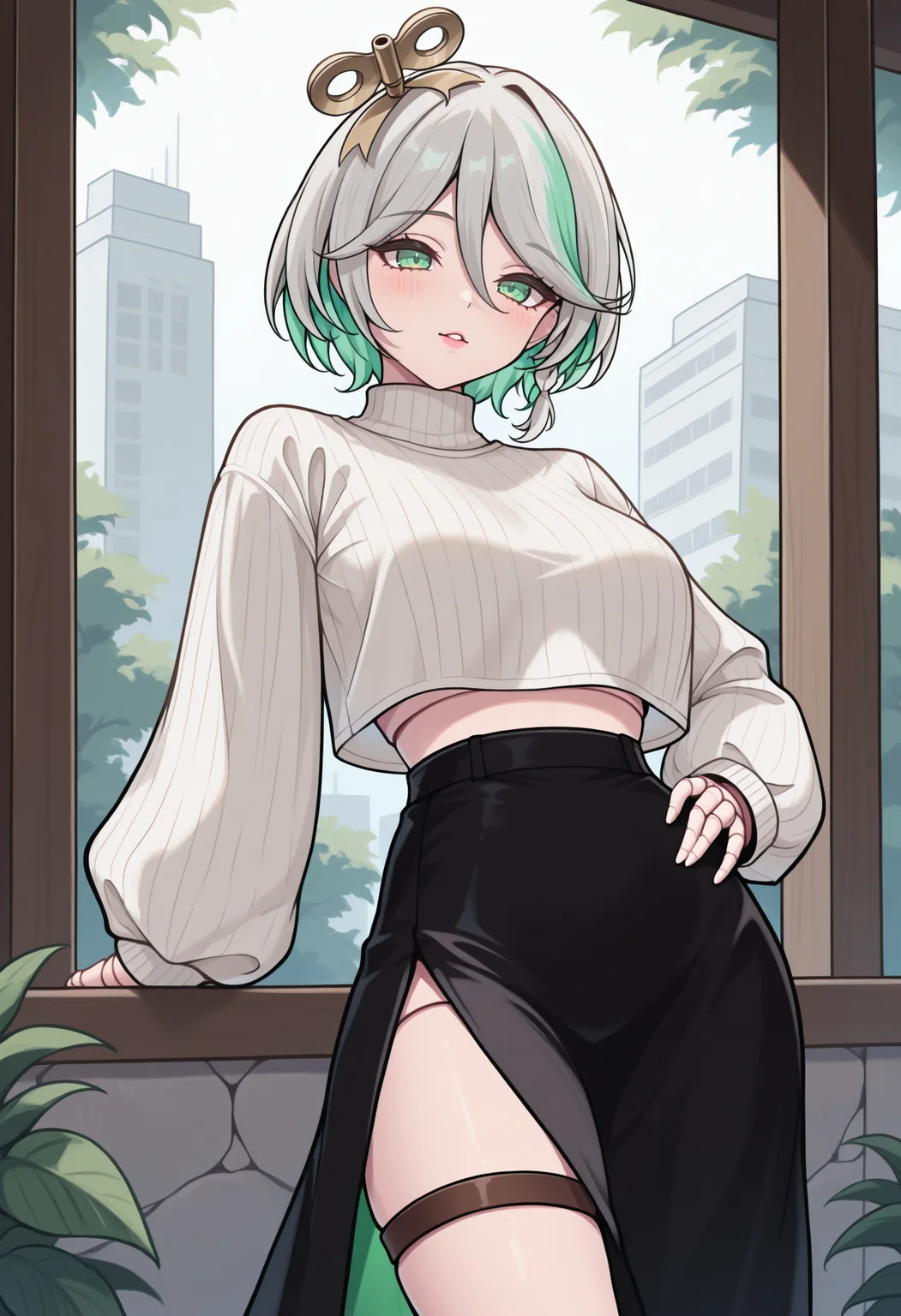 masterpiece, best quality, 1girl, solo, CeciliaImmergreen, green eyes, winding key hair ornament, doll joints, grey hair, colored inner hair, streaked hair, short hair, side braid, turtleneck, crop top, crop top overhang, white sweater, long sleeves, midriff peek, high-waist skirt, black skirt, long skirt, side slit, thigh strap, hand on hip, arm down, contrapposto, blush, parted lips, pink lips, bedroom eyes, outdoors, <lora:ChamCeciliaImmergreenIllustriousXL:1>