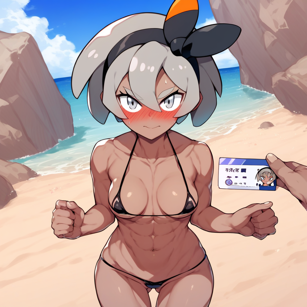 score_9, score_8_up, score_7_up, source_anime BREAK 1girl, bea (pokemon), dark-skinned female, grey hair, grey eyes, looking at viewer, hair ribbon, hair between eyes, blush, medium breasts, perky breasts, hip bones, smile, outdoors, beach, gluteal fold, collarbone, pov, cowboy shot, ID card, micro bikini, navel, thigh gap, embarrassed, hetero, rating_questionable