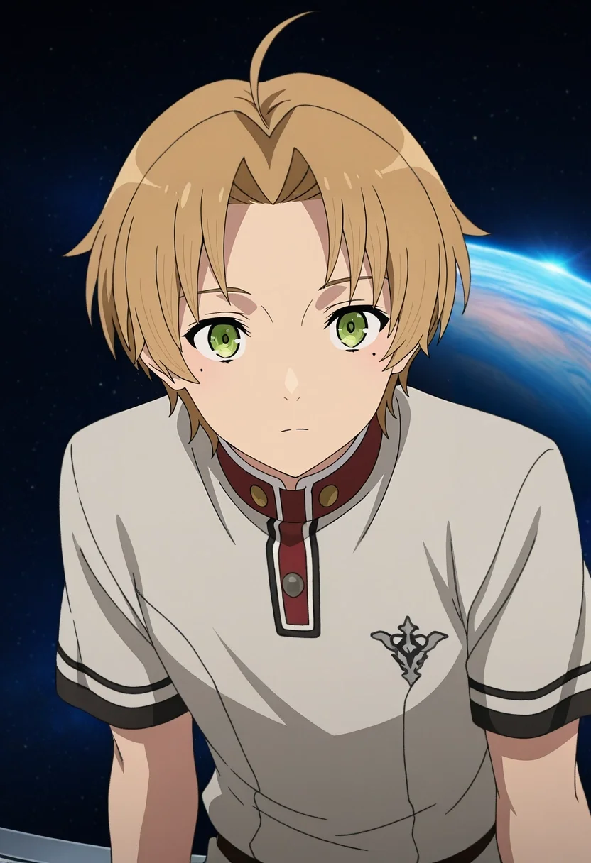 masterpiece, best quality, , anime screencap, anime coloring, official style, , 1boy, solo, male focus, <lora:rudeus_greyrat_ilxl:1>, rudeus_greyrat, blonde hair, green eyes, short hair, bangs, parted bangs, ahoge, mole under eye, , close-up, space, planets, dark, arm support, expressionless, crewneck, baseball cap