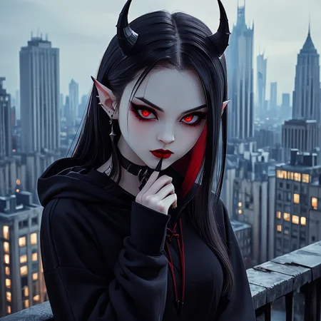 masterpiece,detail,high resolution,smooth lines,shadow detail,
LowKeyLights_v2, 1girl,solo,long hair,looking at viewer,black hair,red eyes,long sleeves,jewelry,closed mouth,upper body,earrings,outdoors,horns,choker,pointy ears,hand up,hood,nail polish,blurry,sleeves past wrists,hoodie,makeup,blurry background,black choker,demon girl,hood down,slit pupils,demon horns,building,pale skin,black nails,city,red lips,cityscape,vampire,black hoodie
,<lora:low-key_lights_v2_xl:0.8>,