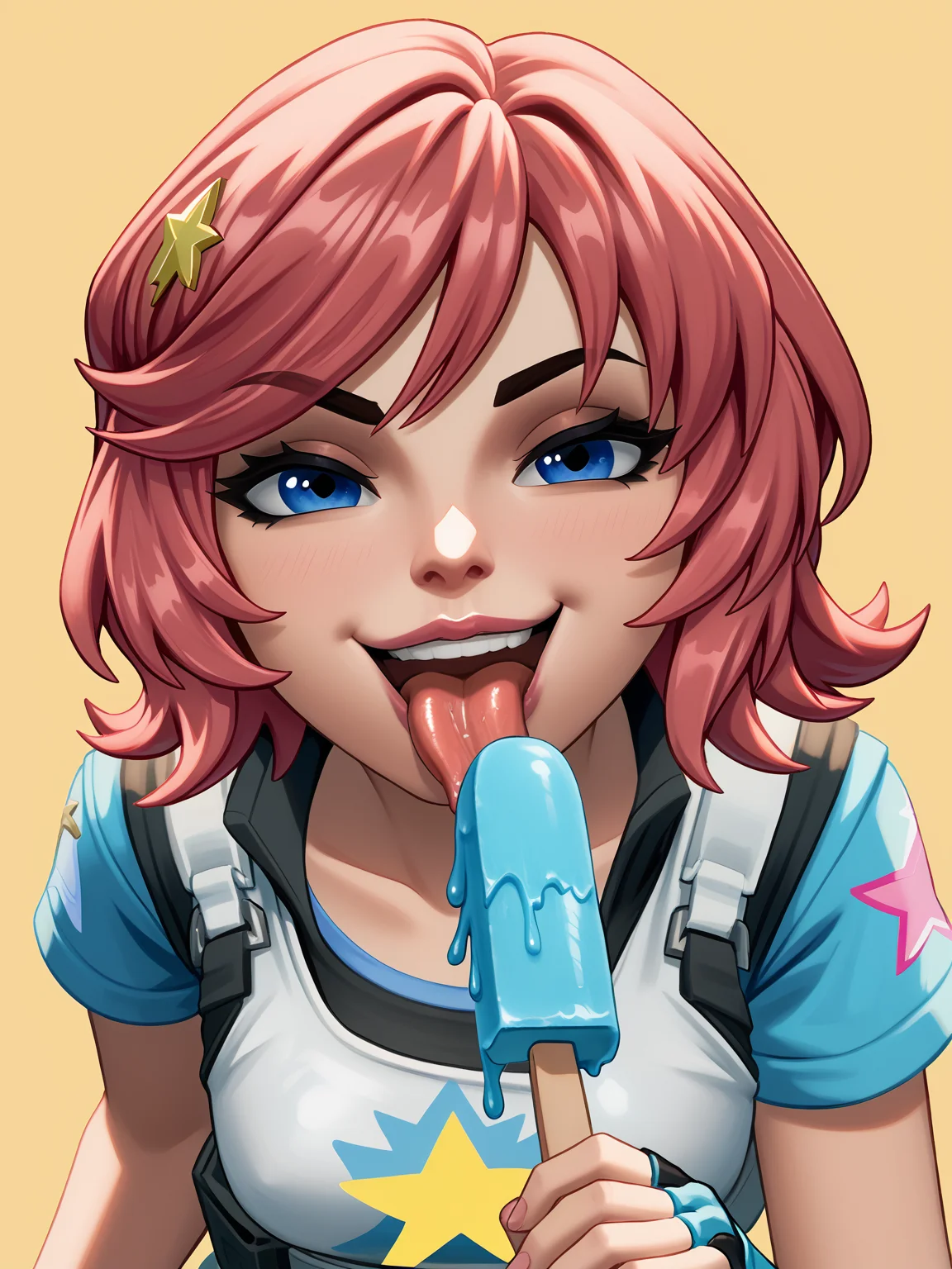pov, <lora:Undercover Skye (Fortnite):0.85> undercoverskye, smug, licking popsicle, melting popsicle