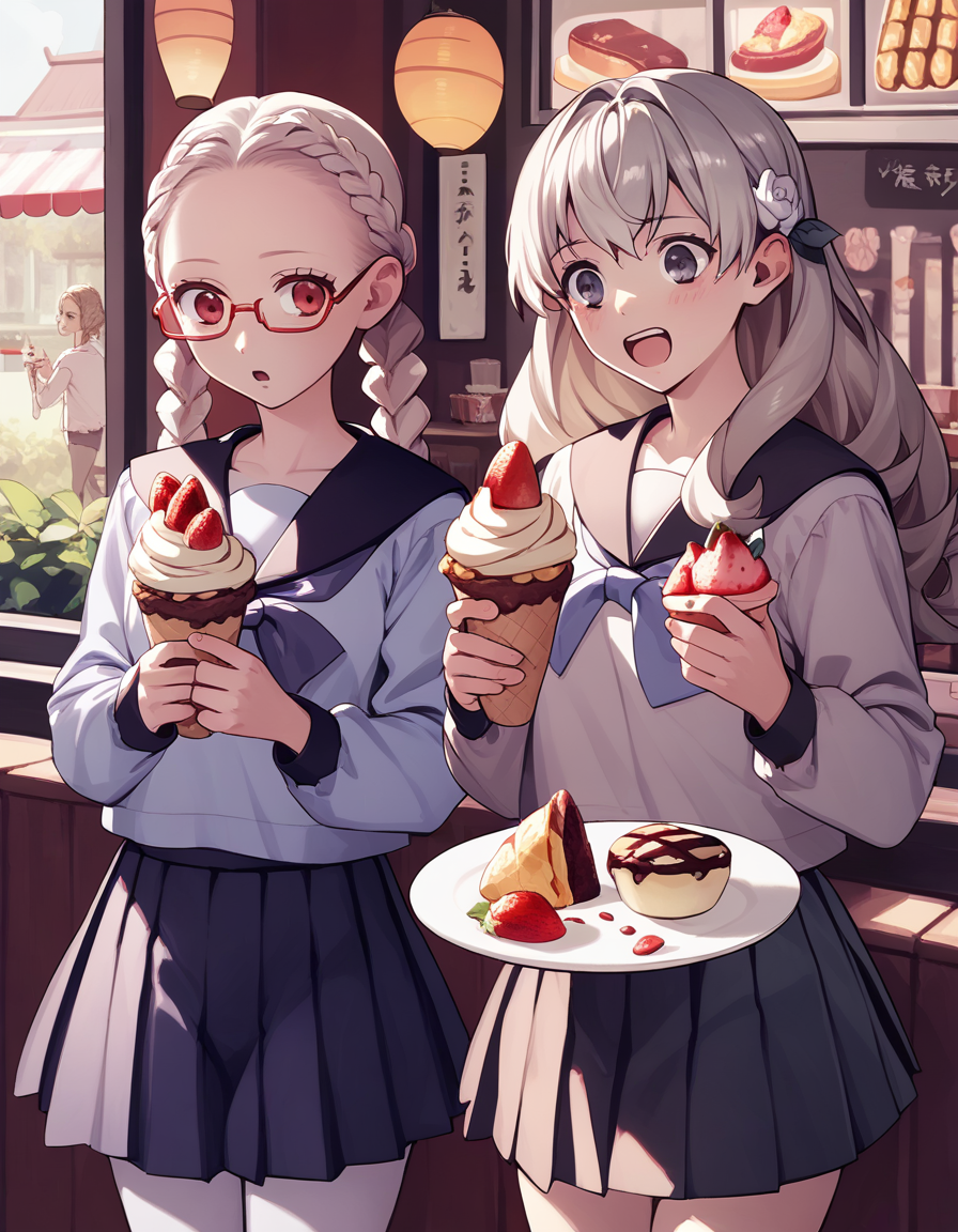 score_9,  score_8_up, score_7_up
<lora:George_Kamitani__Various_Vanillaware_GamesArtists_Art_Style_Blend:0.15> <lora:13sentinels-ponyxl-000040:0.45> 2girls, cafe, excited, crepe, holding food, strawberry BREAK tomi, forehead, twin braids, red-framed eyewear, semi-rimless eyewear, under-rim eyewear, serafuku, pleated skirt, white pantyhose BREAK iorisentinel, serafuku, pleated skirt