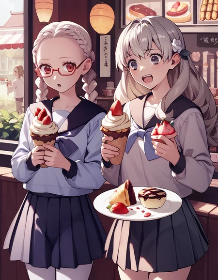 score_9, score_8_up, score_7_up
<lora:George_Kamitani__Various_Vanillaware_GamesArtists_Art_Style_Blend:0.15> <lora:13sentinels-ponyxl-000040:0.45> 2girls, cafe, excited, crepe, holding food, strawberry BREAK tomi, forehead, twin braids, red-framed eyewear, semi-rimless eyewear, under-rim eyewear, serafuku, pleated skirt, white pantyhose BREAK iorisentinel, serafuku, pleated skirt