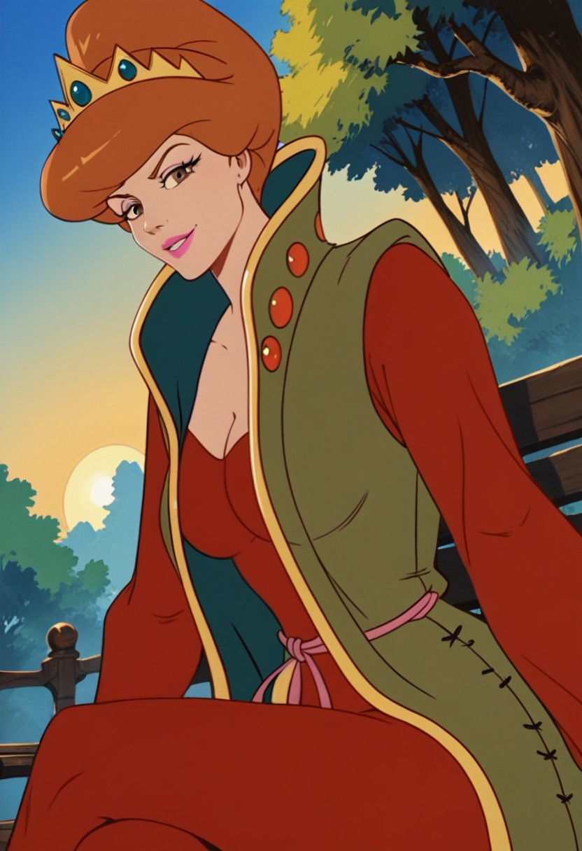 score_9_up, score_8_up, score_7_up, source_cartoon, rating_safe 
JetLagEvilQueen, brown hair, orange hair, lips, lipstick, makeup, brown eyes, breasts, medium breasts, 1girl, crown, short hair, long sleeves,  dress, red dress, cleavage, robe vest, puffy sleeves, solo, 
smug, sitting, crossed legs, outdoors, 1girl, bench, trees, sky, clouds, sun, looking at viewer, day, forest, cowboy shot, upper body focus, (Dutch angle:1.4), thighs