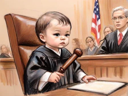 <lora:PE_CourtRoomSketchV2:0.8> PECourtRoomSketch, courtroom,
a baby as judge, wearing judge robe, holding a judge hammer