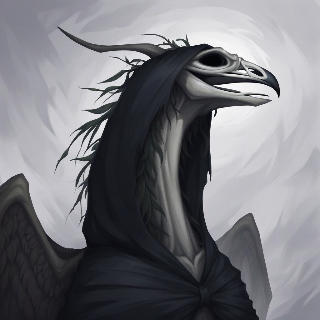 masterpiece, score_9_up, score_8_up, score_7_up, score_6_up, score_5_up, source_furry, (best quality:1.1), ultra-detailed, high resolution, solo, Maar, death god, skeletal body, dark feathered wings, long talons, beak, glowing empty eye sockets, looks at viewer, midnight black cloak, moonlit background, mist swirling around, portrait, upper body, grave stones, overgrown vines, gothic atmosphere, crypt in the distance, dramatic lighting, (8k), sharp focus, glowing aura of darkness, heavy shadows, extremely detailed cloak, intense expression, eerie and cold environment, Expressive, detailed background, OverallDetail