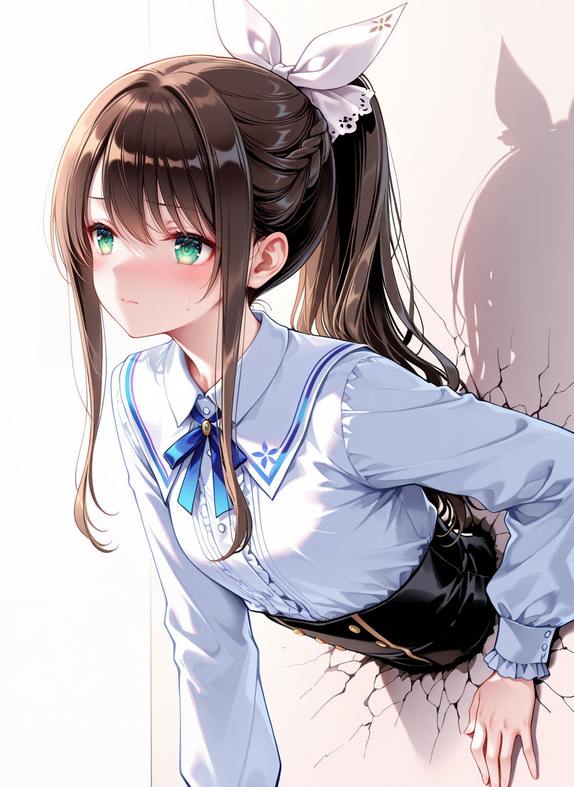 masterpiece,best quality,newest,absurdres,highres,soft shadows,year2024,mutou kurihito,(kimishima ao:0.7),(hiten \(hitenkei\):0.4),(sheya:0.4),
<lora:MisakiXLNAI:1>,ensemble style,misaki(ensemble),1girl,ponytail,white ribbon,brown hair,green eyes,blush,
through wall,stuck,<lora:throughwallsideXLNAI:1>,
upper body,