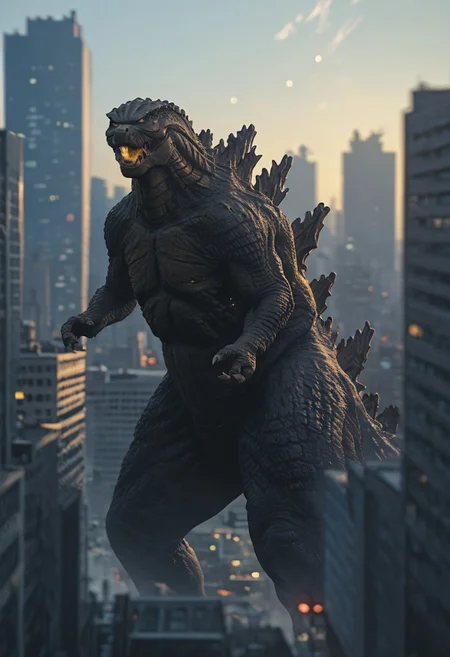 Score_9, score_8_up, score_7_up, score_6_up, zPDXL3, wide shot, monster focus, BREAK, realistic,hyperrealism,ornate,studio photograph, skinny Godzilla kaijuu,gigantic monster, model_buildinga, model_kit_(medium), city skyline, plastic buildings, forced perspective, blurry background, building, outdoors, glowing orange eyes,