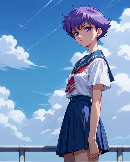 score_9, score_8_up, score_7_up, score_6_up, score_5_up, score_4_up, <lora:Kozue_Kaoru_Pony_XL:0.9> 1girl, kozue, short hair, purple hair, purple eyes, japan school uniform,full body, in her mind, looking at blue sky, 80s style