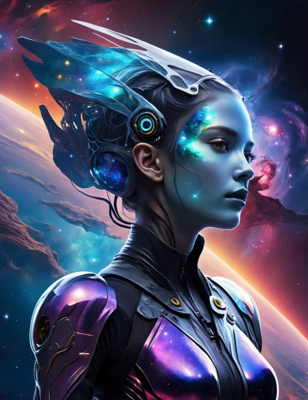 ((best quality)), ((masterpiece)), ((realistic,digital art)), (hyper detailed), Post-apocalyptic of Nebula nymphs- Ethereal beings with flowing, shimmering garments reflecting nebula colors. , Aerospace engineer, duality