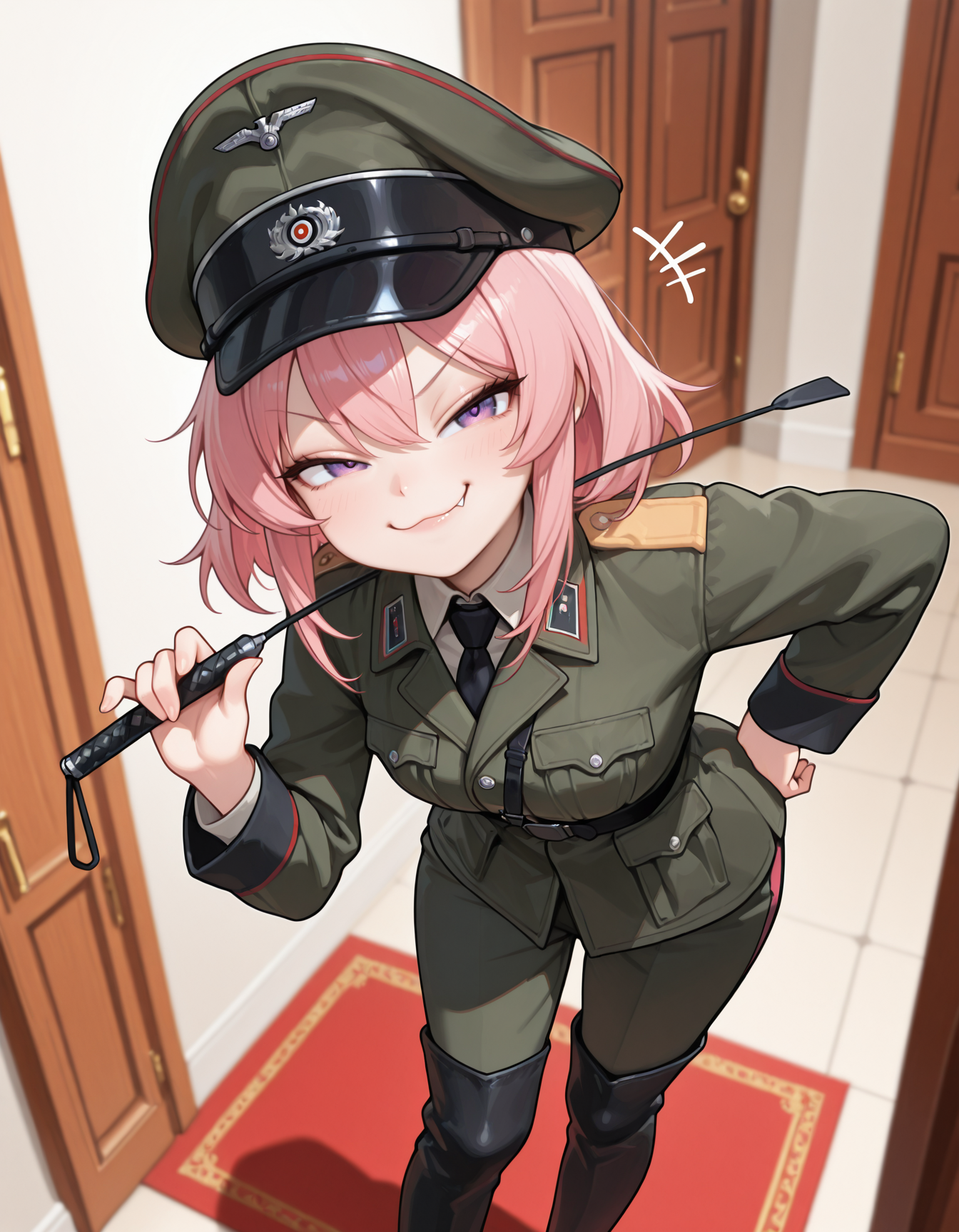 masterpiece, best quality, solo, CivChan, purple eyes, pink hair,
girl standing, german military_uniform, hat, riding_crop, pants, long boots,
smug, fang_out,
<segment:head,0.35,0.5//cid=11>CivChan, purple eyes, pink hair, smug, fang_out, (masterpiece, best quality, realistic, amazing quality, very aesthetic, absurdres, ultra detailed face, ultra detailed eyes), ,