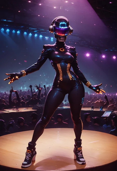score_9, score_8_up, score_7_up, rave, helmet, skintight bodysuit, dj, Tron, mix table, concert, linear laser light show, crowd, dark tone, bright lasers, edm, edm concert, high energy, edm mix, highly detailed, intricate, zzCitronLegacy, daft punk, daft punk helmet, 1girl, adult