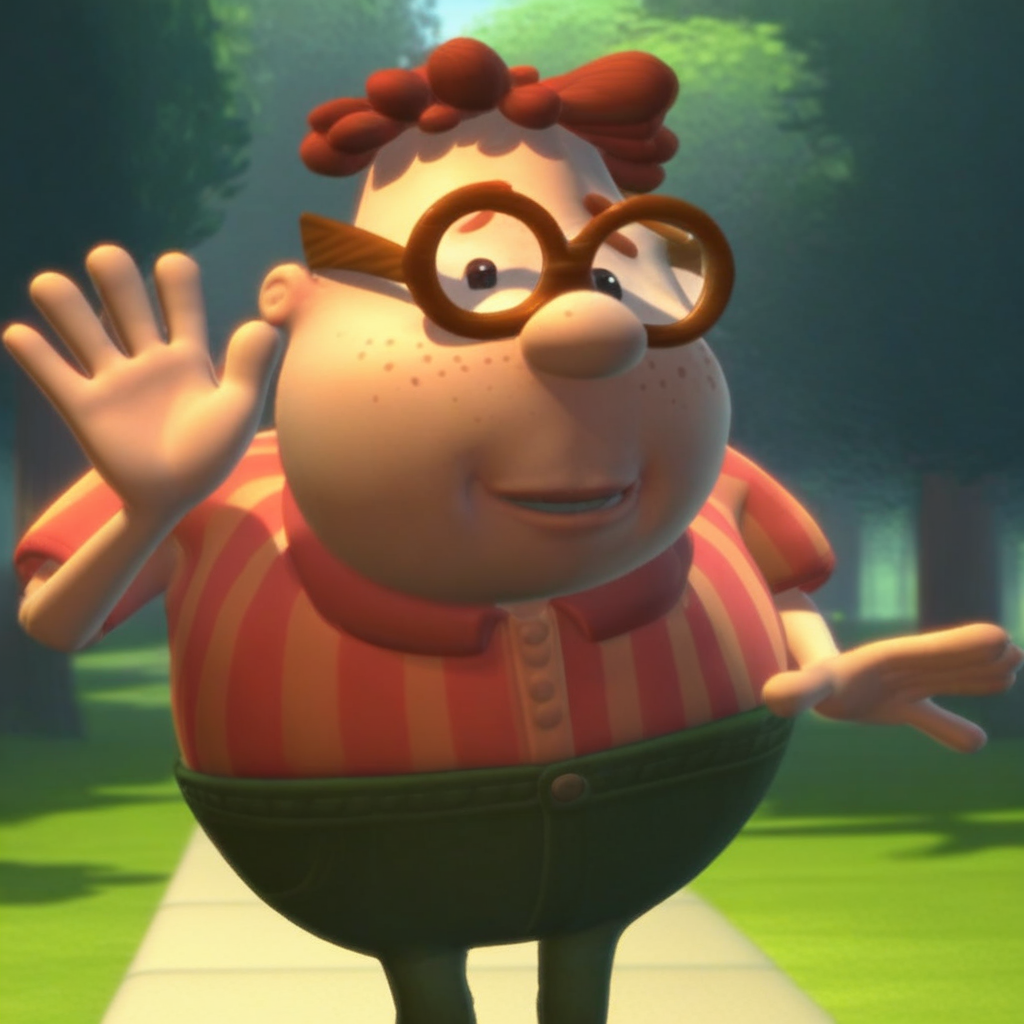 score_9, solo, carl_jn, glasses, freckles, striped shirt, pants, waving, looking at viewer, forest