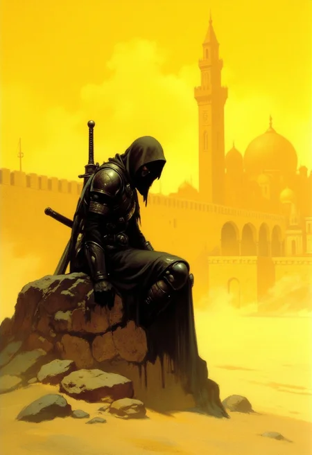A highly detailed illustration of a black-armored figure seated on a rugged rock, head bowed and shrouded by a dark hooded cloak, with a large sword strapped to their back. The entire scene is bathed in cream-yellow tones, from the sandy ground beneath to every object in the background—a surreal landscape where walls, mosque, buildings, and all surroundings are rendered in a uniform, muted cream-yellow. The figure’s deep black armor stands in stark contrast, emphasizing its texture and the mysterious, solemn posture of the character, who appears lost in contemplation amidst a monochromatic, dreamlike setting. (Frank Frazetta fantasy oil painting, illustrated)